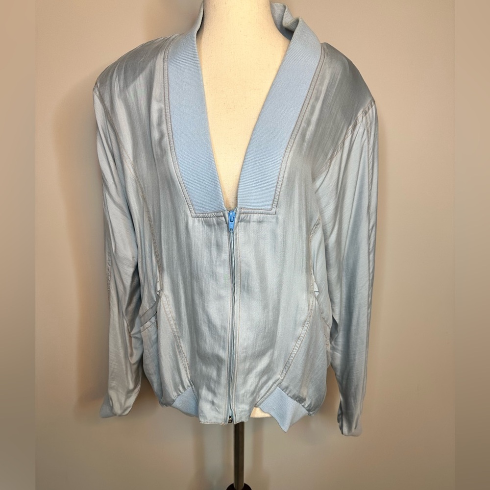 Sz M Usagi silk vintage zip front bomber jacket shoulder pads Light Blue